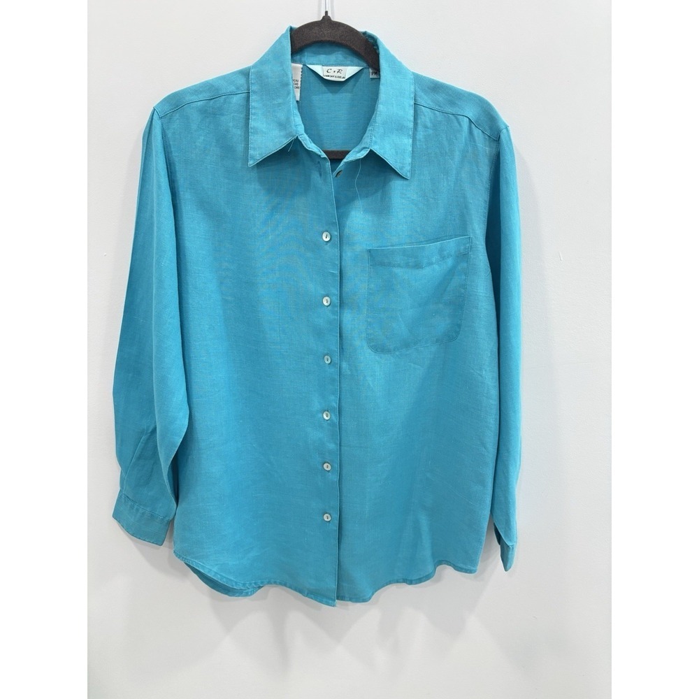 C+R Comfort Relax Women 100% Linen Button Front Shirt Petite M Teal Nautical
